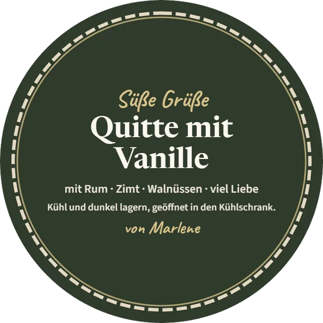 Beispiel-Etikett „Quitte mit Vanille“ aus dem Etiketten-Designer