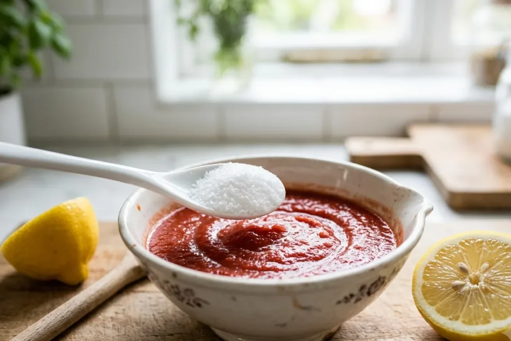Ein Löffel Zitronensäure wird in eine Schüssel mit passierter Tomatenmasse eingerührt, daneben eine halbierte Zitrone