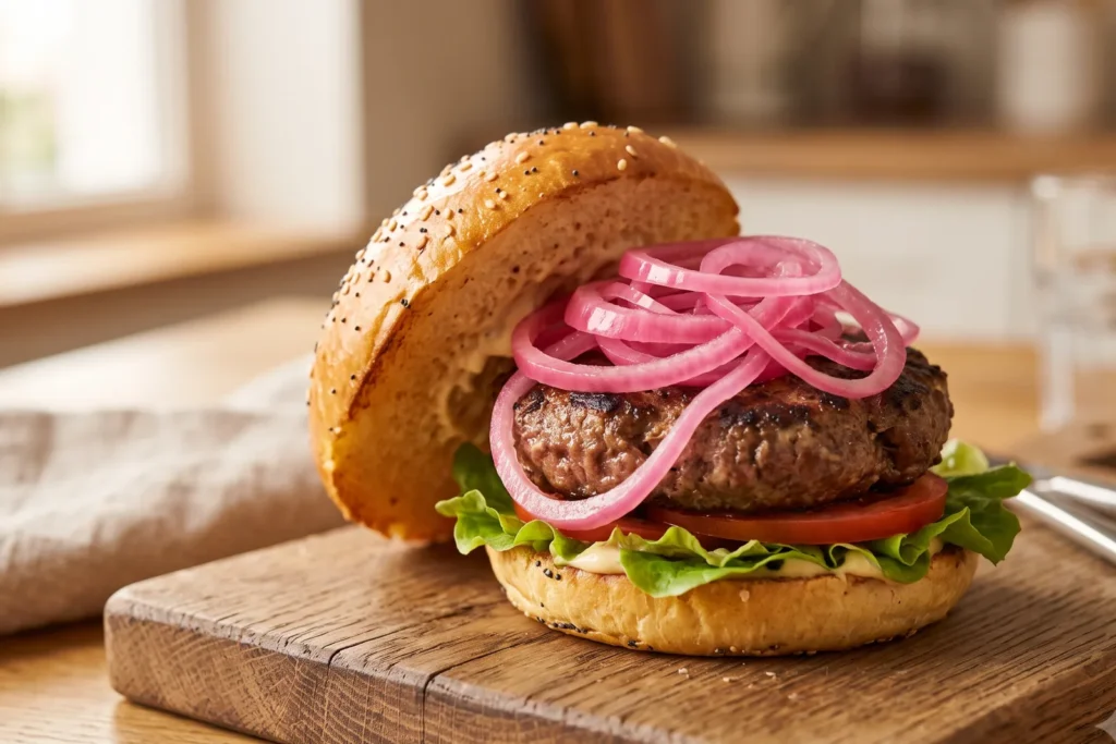 Ein selbstgemachter Burger, üppig belegt mit leuchtend pinken eingelegten Zwiebelringen