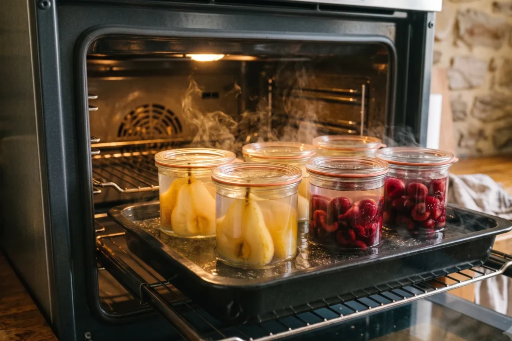 Sechs Einmachgläser mit Obst stehen frei und mit Abstand in einem tiefen, mit Wasser gefüllten Backblech im Backofen