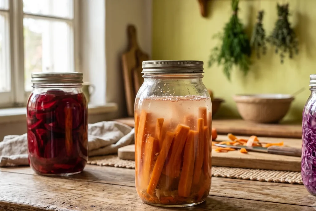 Mehrere Gläser mit fermentiertem Gemüse - Möhrenstifte, Rote-Bete-Scheiben und Rotkohl - auf einem Küchentisch