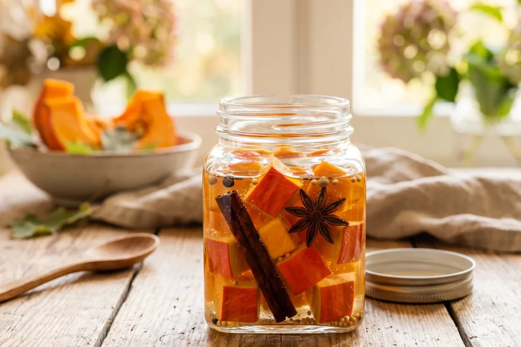 Geöffnetes Glas mit süß-sauren Hokkaido-Kürbiswürfeln, Zimtstange und Sternanis auf einem Küchentisch im Herbstlicht