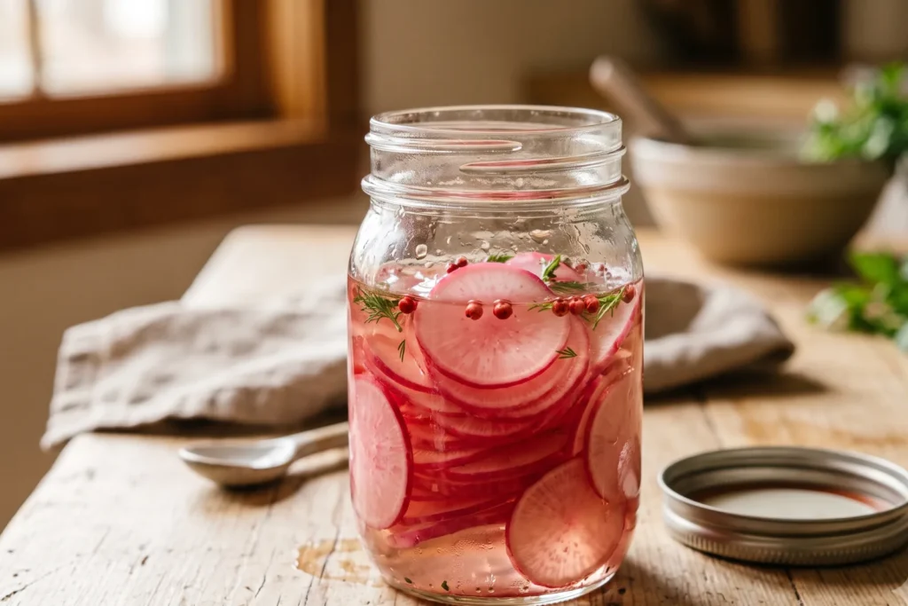 Geöffnetes Glas mit rosa eingelegten Radieschenscheiben und rosa Pfefferkörnern auf einem Küchentisch
