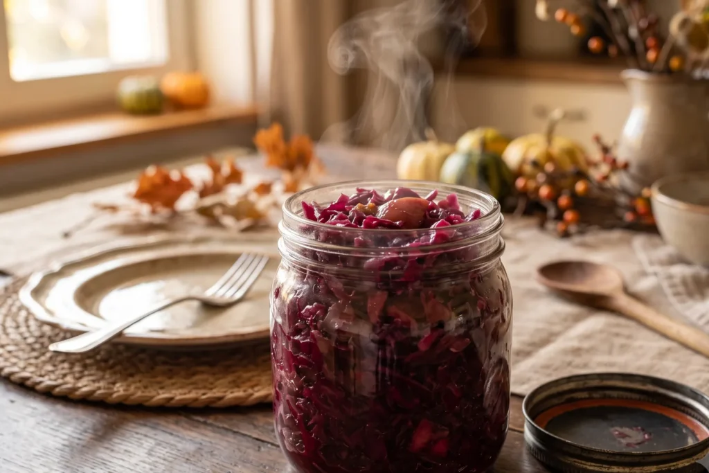 Geöffnetes Glas mit dampfendem Apfelrotkohl auf einem herbstlich gedeckten Küchentisch
