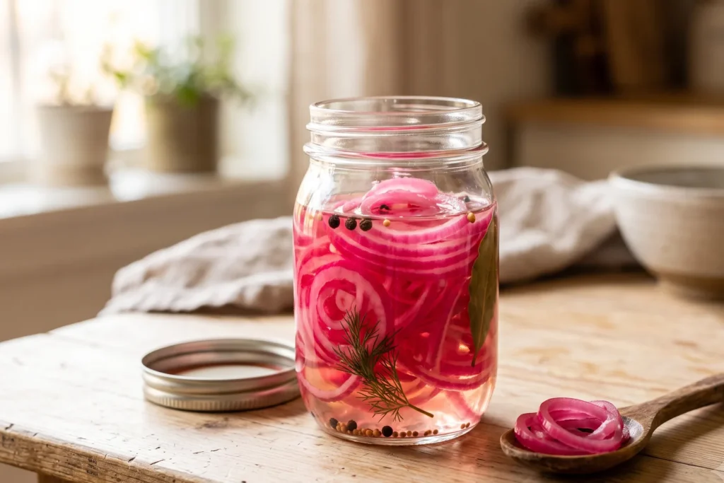 Geöffnetes Glas mit leuchtend pinken eingelegten roten Zwiebeln auf einem Küchentisch, ein paar Ringe daneben auf einem Löffel