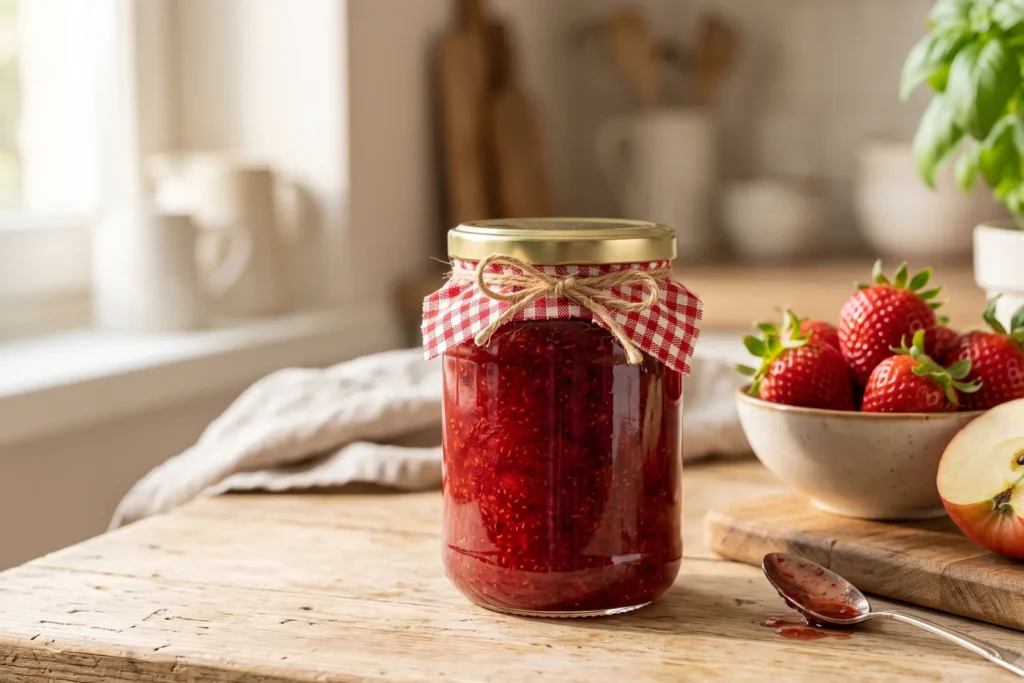 Kleines, randvoll gefülltes Marmeladenglas ohne Etikett auf einem Küchentisch, daneben frische Erdbeeren und ein aufgeschnittener Apfel