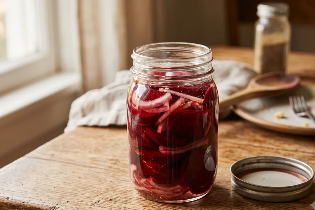 Geöffnetes Glas mit süß-sauer eingelegten, tief dunkelroten Rote-Bete-Scheiben auf einem Küchentisch
