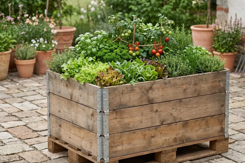 Fertig bepflanztes Hochbeet aus drei gestapelten Palettenrahmen auf einer Europalette, auf einer gepflasterten Terrasse