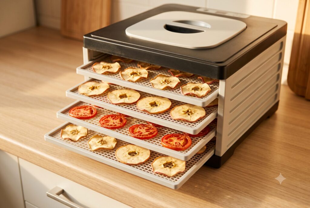 Dörrautomat auf einer Küchenarbeitsplatte, die Tabletts gefüllt mit Apfelringen und Tomatenscheiben