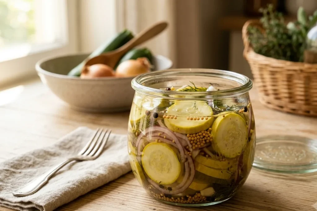 Geöffnetes Glas mit süß-sauer eingelegten Zucchinischeiben, Zwiebelringen und Senfkörnern auf einem Küchentisch