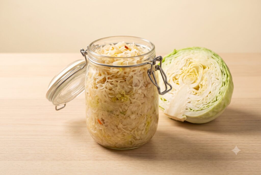 Bügelglas mit fertigem Sauerkraut auf einem Küchentisch, daneben ein halber Weißkohl