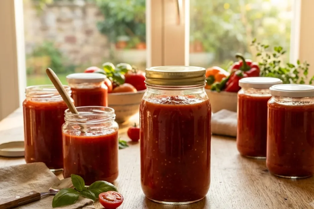 Mehrere gefüllte Gläser mit tiefroter Tomaten-Passata stehen auf einem Küchentisch im warmen Spätsommerlicht