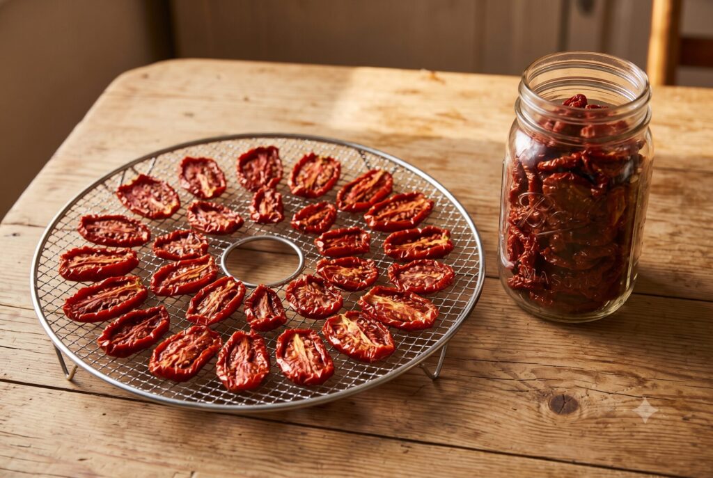 Getrocknete Tomatenhälften auf einem Dörrgitter neben einem gefüllten Vorratsglas