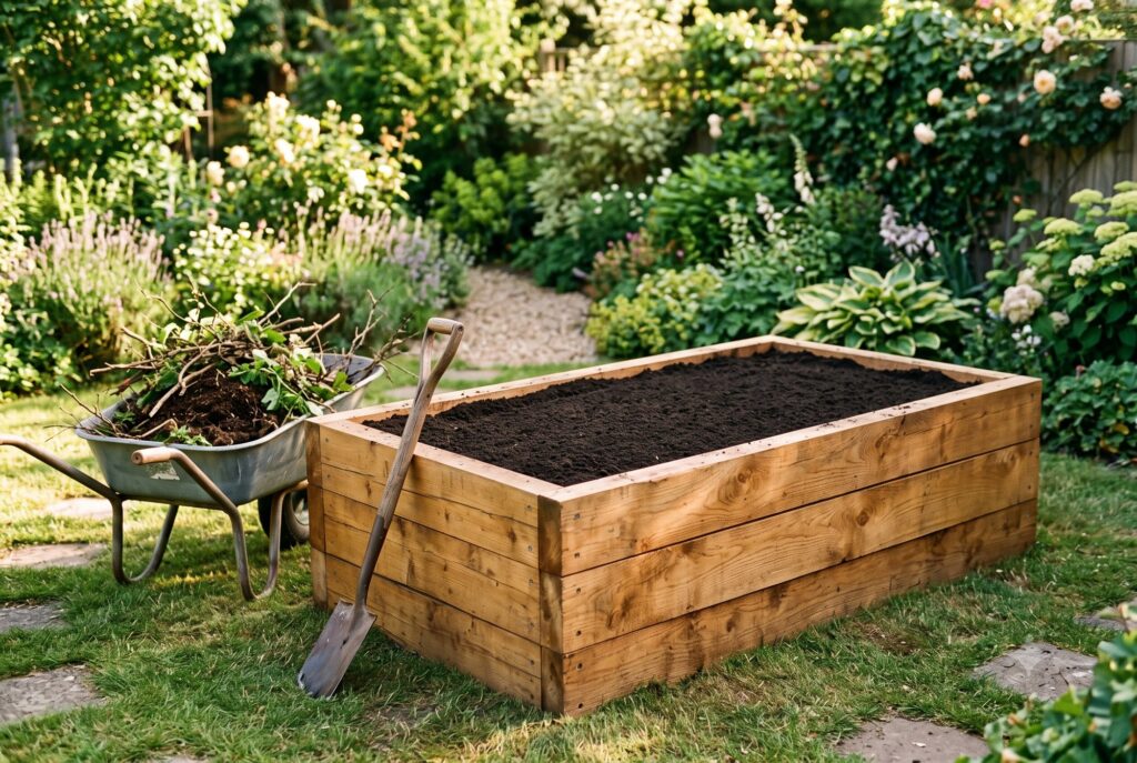 Frisch befülltes Holz-Hochbeet in einem sommerlichen Garten, oberste Erdschicht glatt gezogen