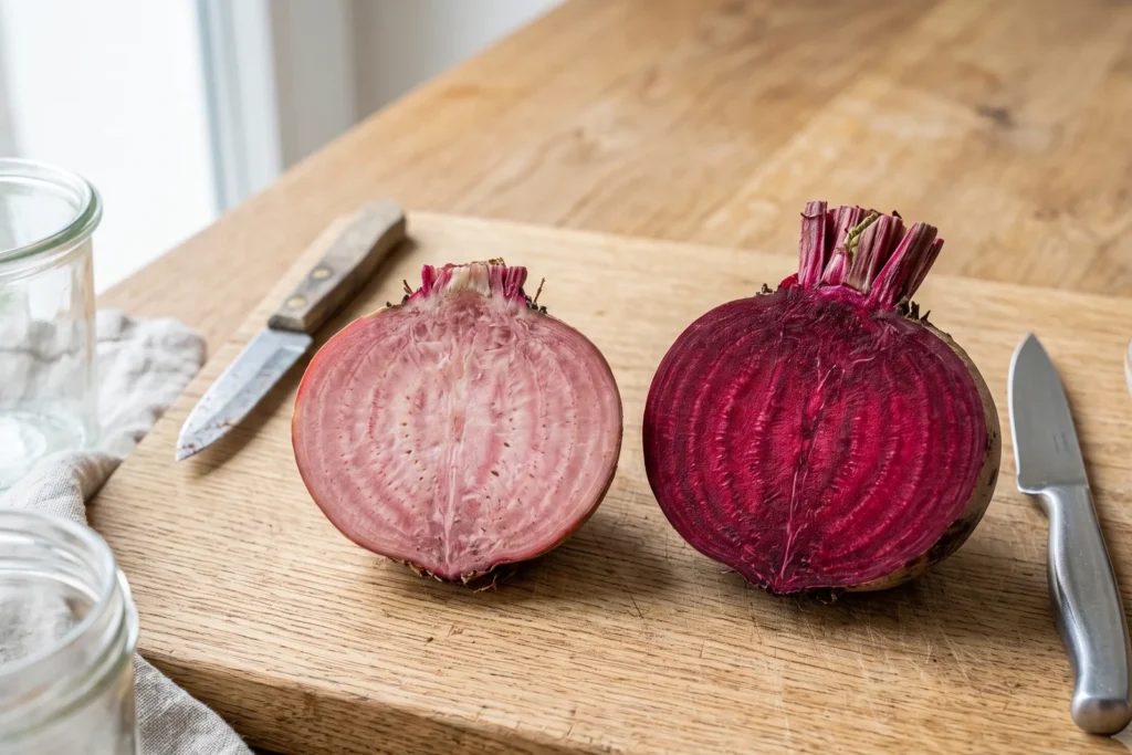 Zwei aufgeschnittene Rote-Bete-Hälften nebeneinander: links blass und ausgeblutet, rechts tief dunkelrot