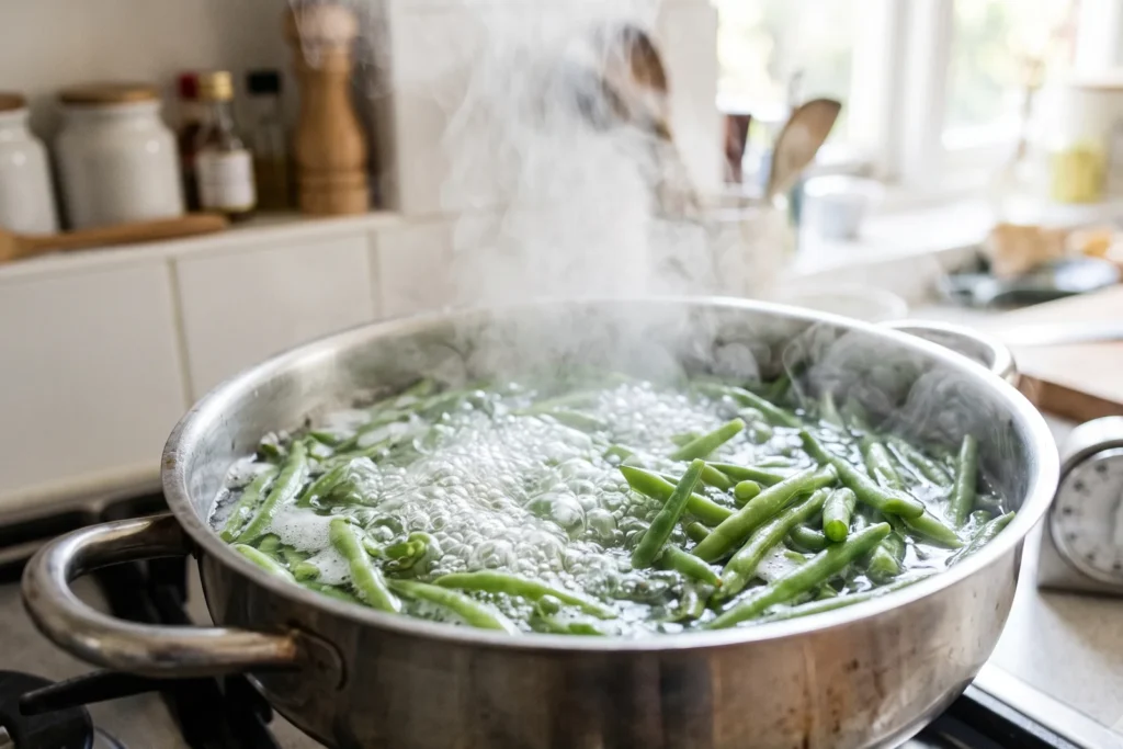 Grüne Bohnen kochen in einem Topf mit deutlich sprudelnden Blasen, im Hintergrund ein Küchentimer