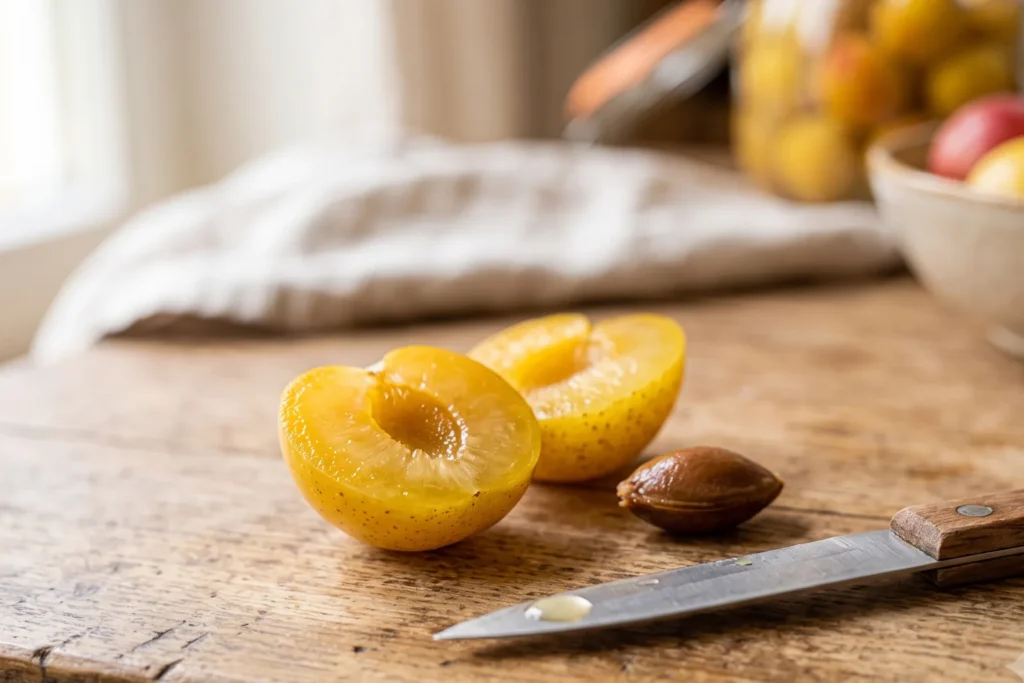 Halbierte Mirabelle mit sichtbar herausgelöstem Stein neben einem kleinen Messer