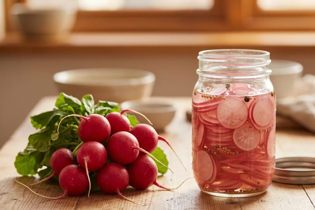 Links rohe rote Radieschen, rechts durchgezogene zartrosa Pickle-Scheiben im Glas