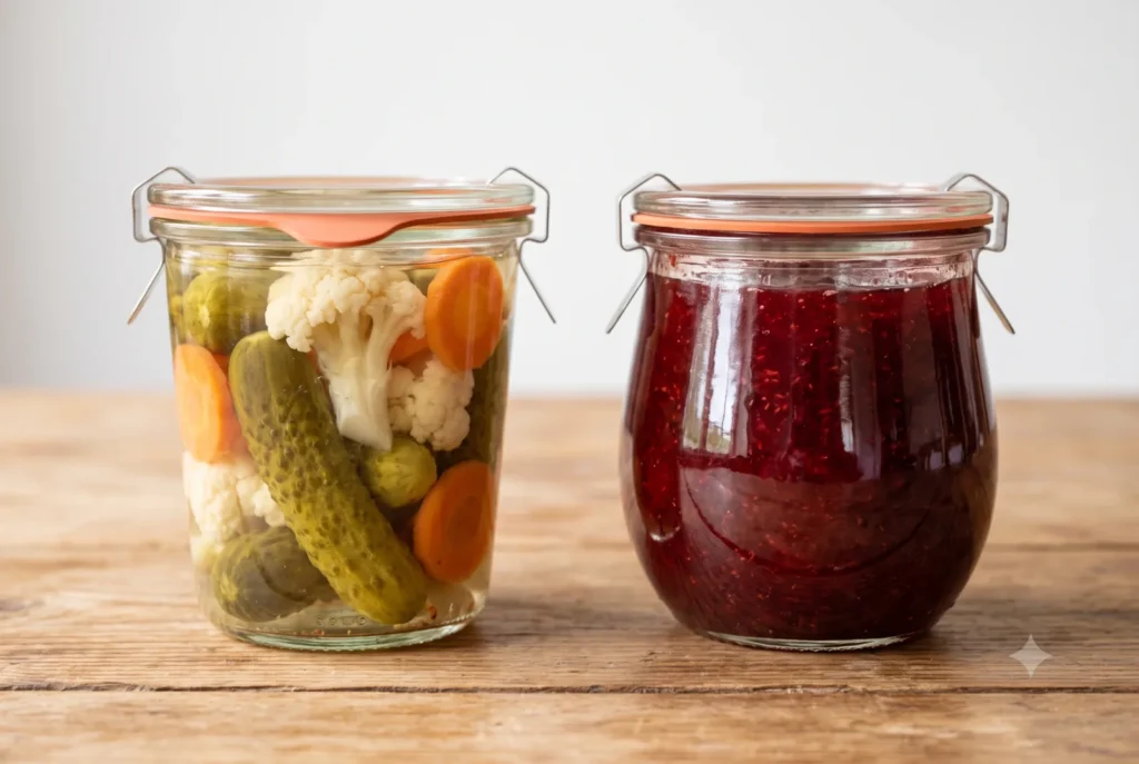 Konisches Sturzglas und bauchiges Tulpenglas nebeneinander, das Sturzglas mit Gemüse, das Tulpenglas mit Marmelade gefüllt