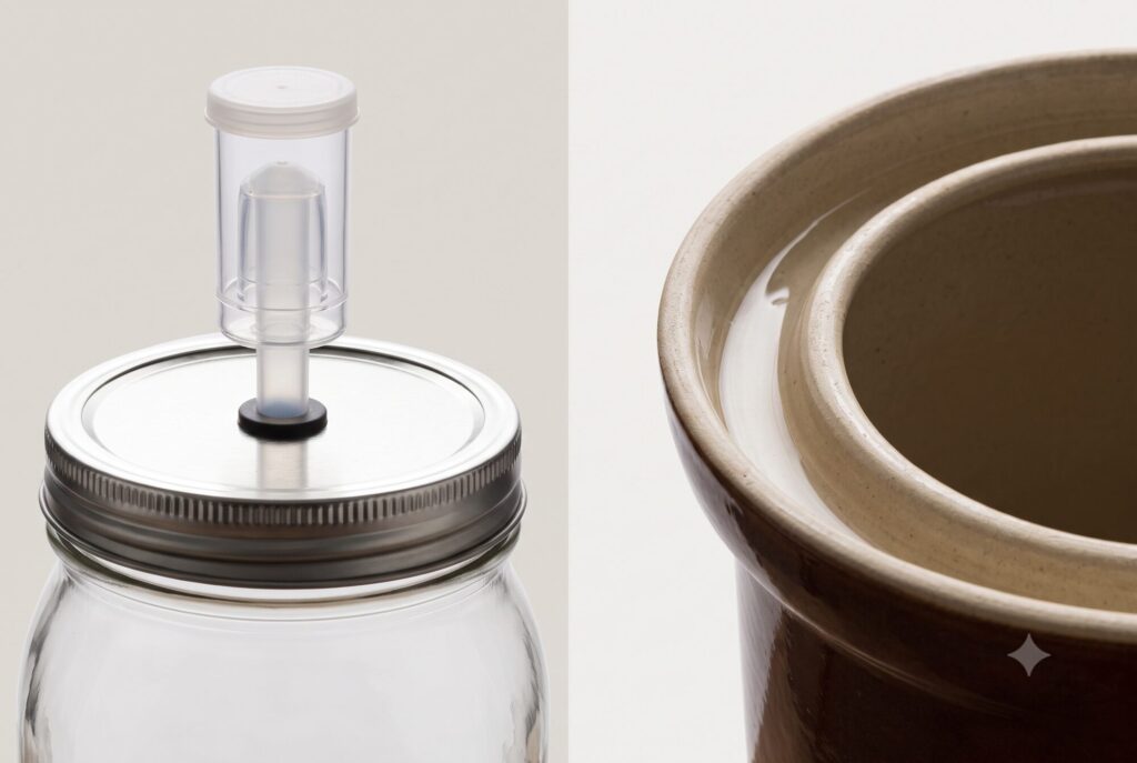 Detailaufnahme eines Gärdeckels mit Silikonventil auf einem Glas neben der Wasserrille eines Steinzeug-Gärtopfs