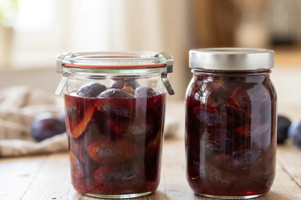 Ein befülltes Weckglas mit Gummiring und Klammern neben einem befüllten Schraubglas, beide mit Zwetschgen