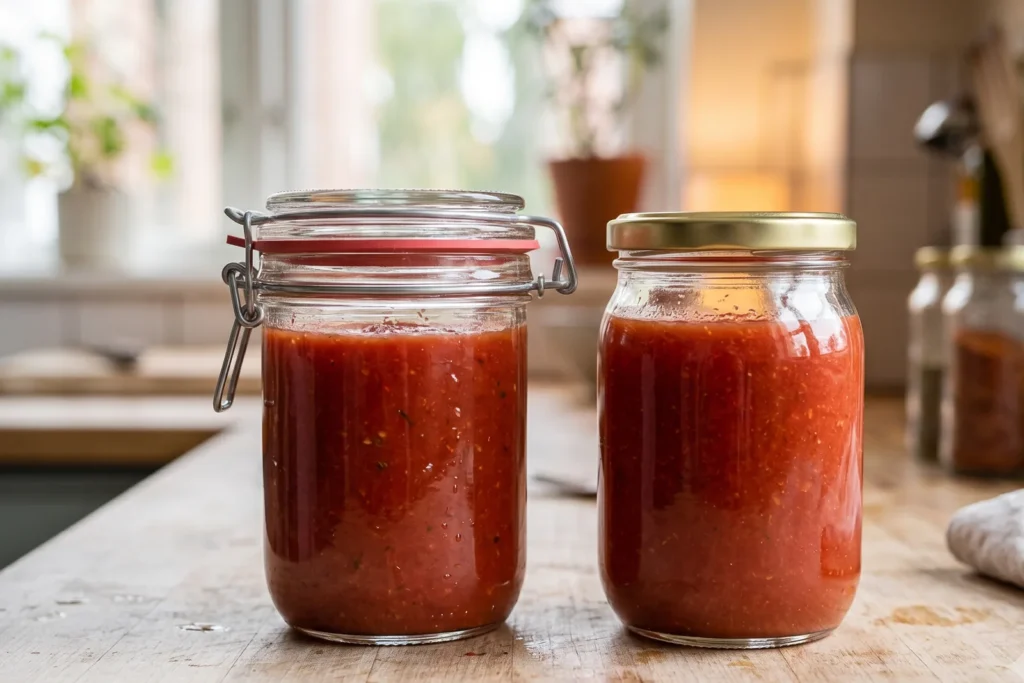 Ein Weck-Sturzglas mit Glasdeckel und Klammer steht neben einem Twist-off-Schraubglas, beide mit Passata gefüllt