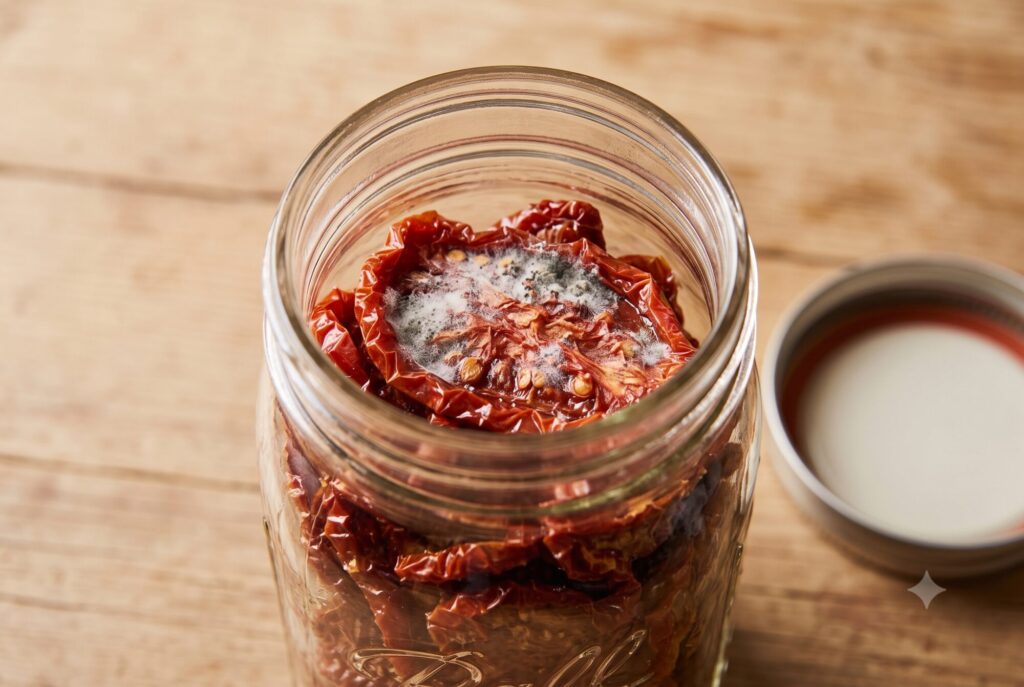 Vorratsglas mit getrockneten Tomaten, auf denen sich weißer Schimmelflaum gebildet hat