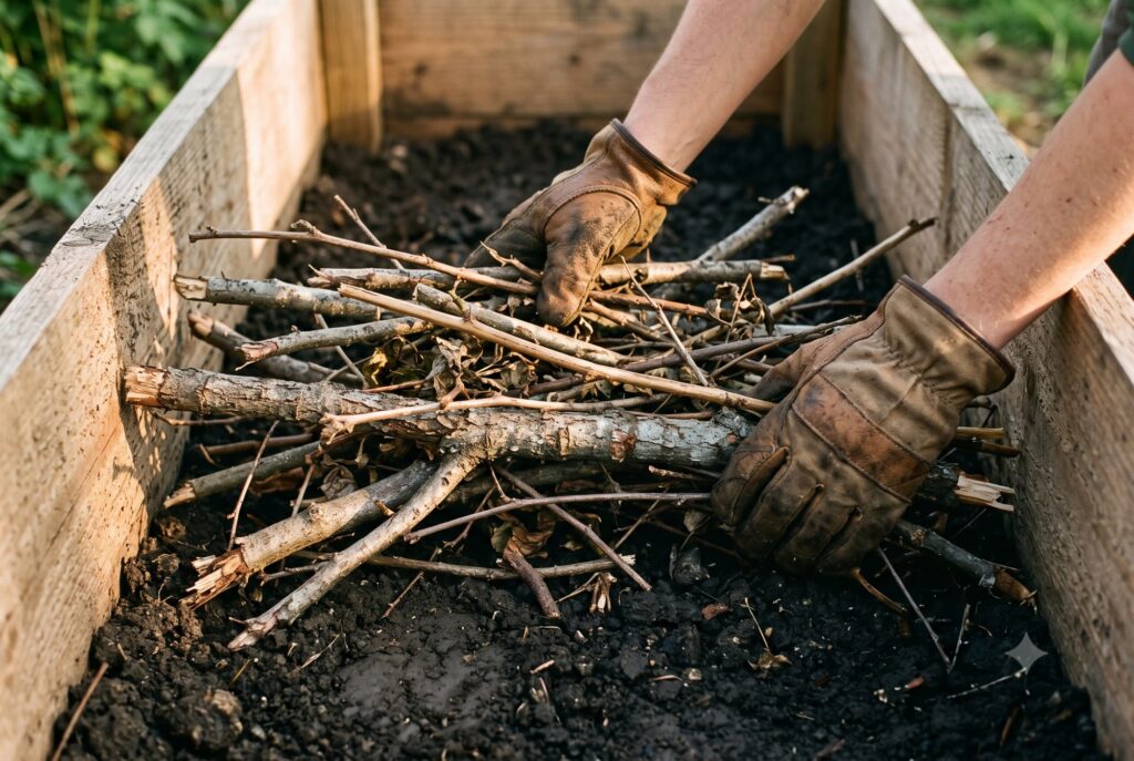 Gärtnerhände schichten grobe Äste und Strauchschnitt in ein leeres Hochbeet