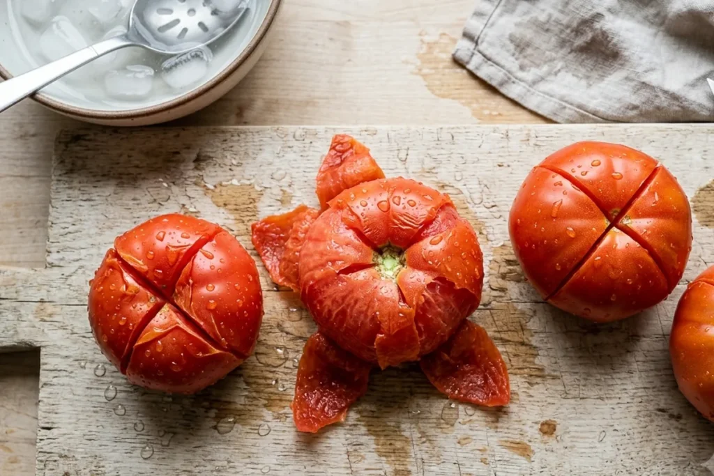 Kreuzweise eingeritzte Tomaten, eine davon mit sich ablösender Haut nach dem Eiswasserbad