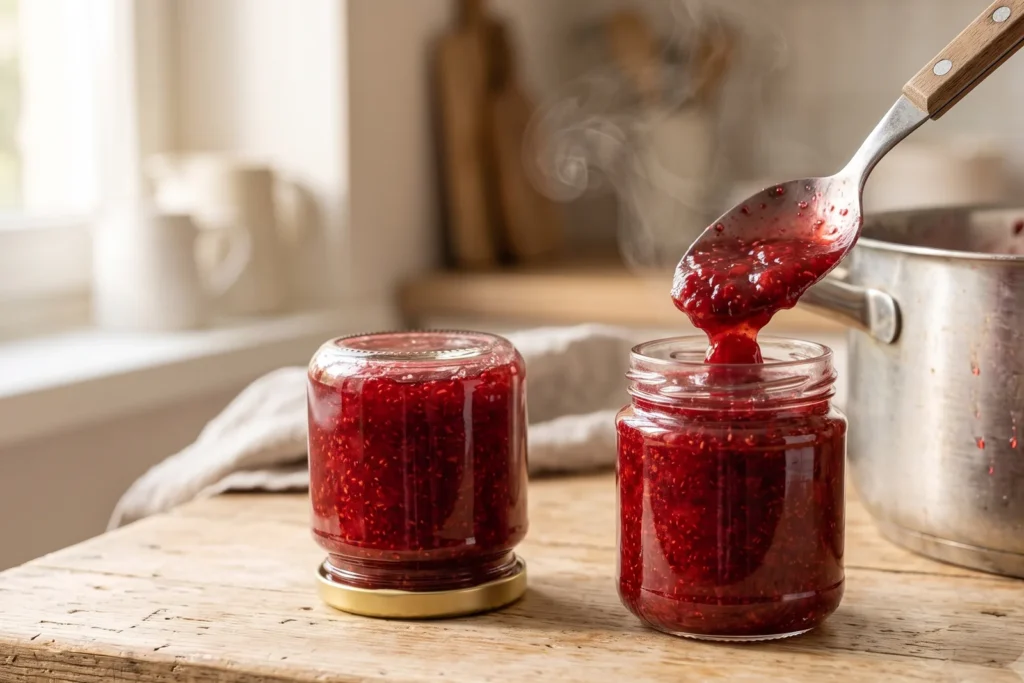 Heiße Marmelade wird randvoll in ein kleines Glas gefüllt, daneben ein bereits gestürztes Glas mit Deckel nach unten