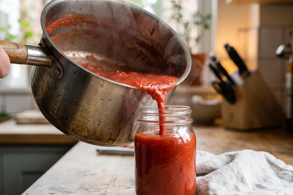 Heiße Tomaten-Passata wird randvoll in ein sauberes Einmachglas gefüllt, ein Fingerbreit Luft bleibt, Dampf steigt auf
