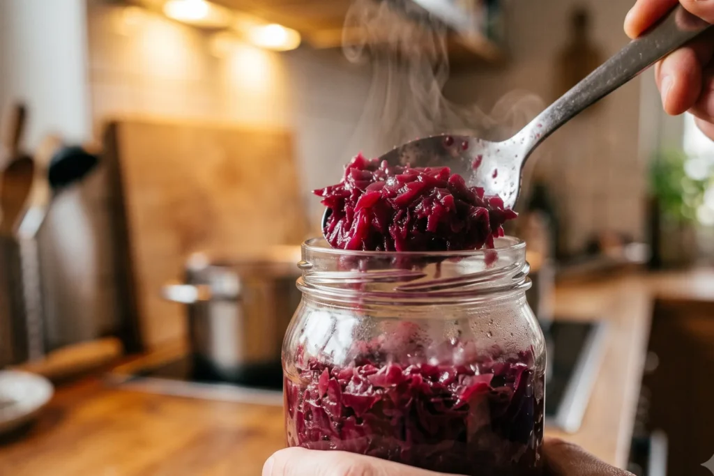 Dampfender Apfelrotkohl wird mit einem Löffel in ein heißes Einmachglas gefüllt, oben bleibt Luft bis unter den Rand frei