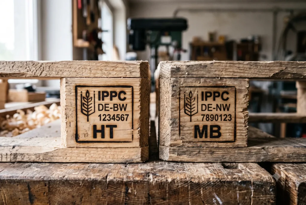 Zwei Palettenklötze mit IPPC-Stempel im Vergleich: links das unbedenkliche Kürzel HT, rechts das Warnbeispiel MB