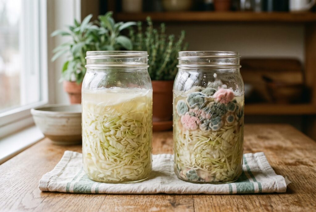 Vergleich zweier Fermentier-Oberflächen: links ein weißer glatter Belag (Kahmhefe), rechts ein pelziger grünlicher Belag (Schimmel)