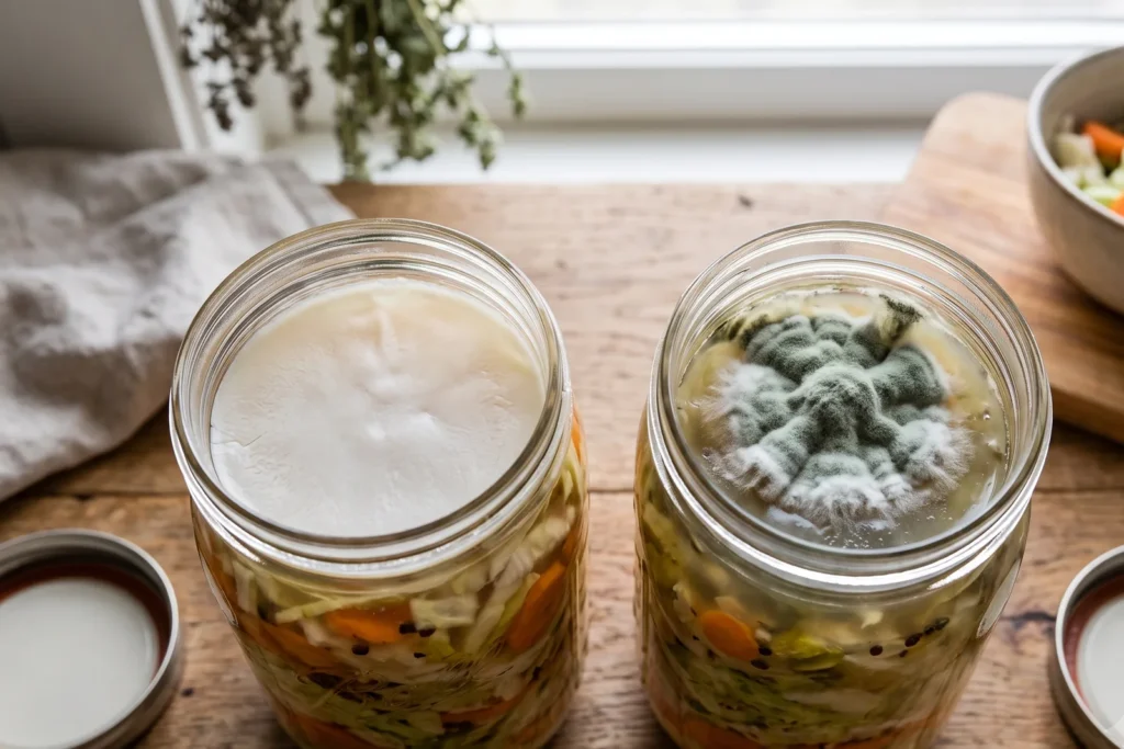 Vergleich zweier Fermentierglas-Oberflächen: links ein flaches weißes Häutchen, rechts pelziger farbiger Schimmel