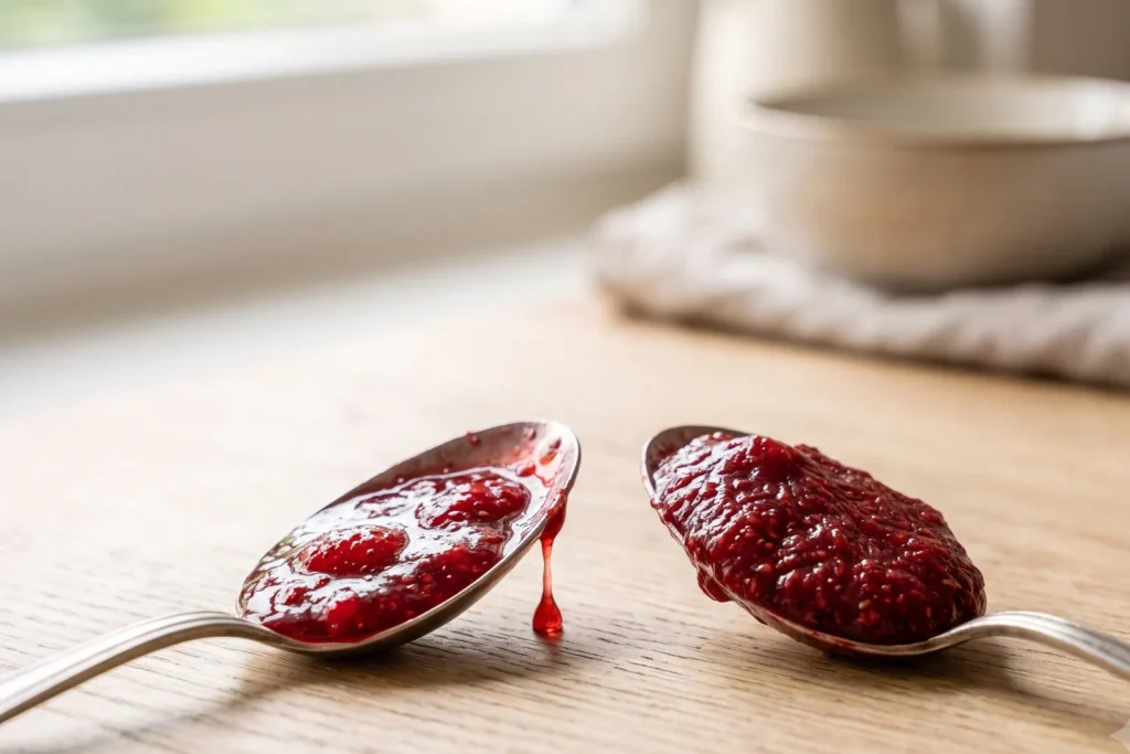 Zwei Löffel nebeneinander: links läuft dünnflüssige Marmelade herunter, rechts hält eine streichfähige Masse