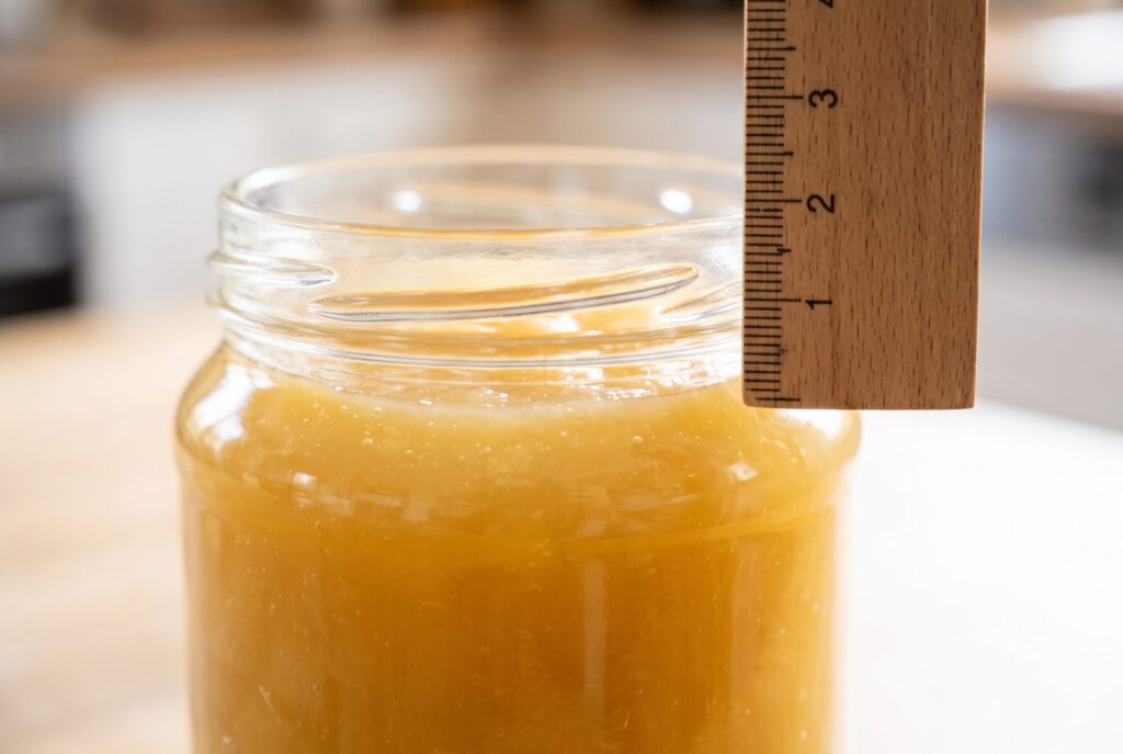 Gefülltes Einmachglas mit etwa zwei Zentimetern Freiraum zwischen Mus und Glasrand