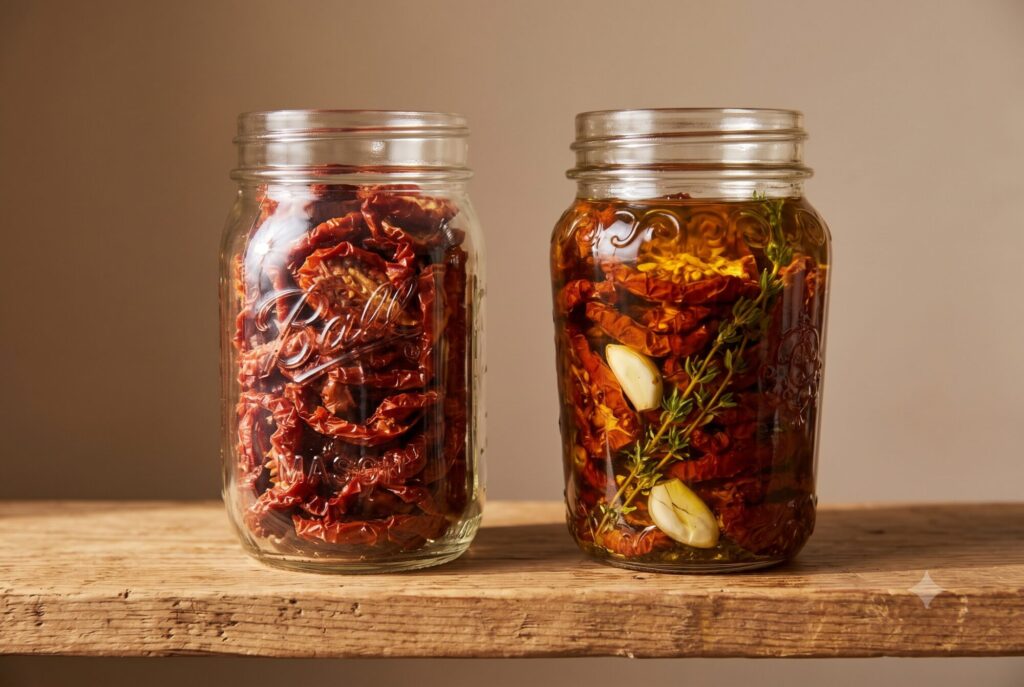 Luftdichtes Vorratsglas mit trockenen Tomaten neben einem Glas in Öl eingelegter Tomaten