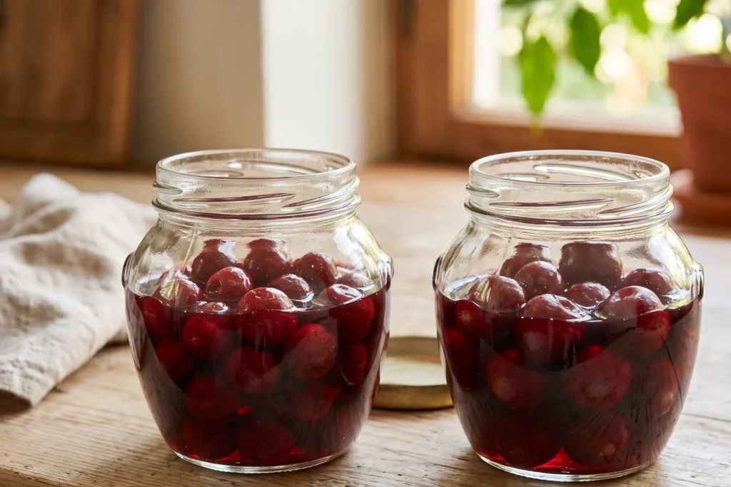 Zwei Einmachgläser nebeneinander: links entsteinte Kirschen, rechts ganze Kirschen mit Stein im Sirup