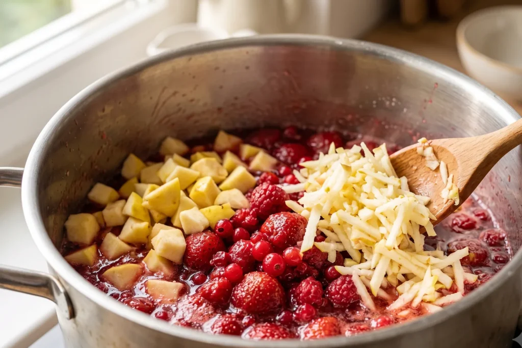 Geriebener Apfel und Quittenstücke kommen zu roten Beeren in einen Kochtopf