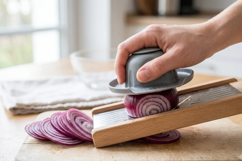 Rote Zwiebel wird auf einer Mandoline in gleichmäßig dünne Ringe gehobelt, die Scheiben liegen fächerförmig daneben