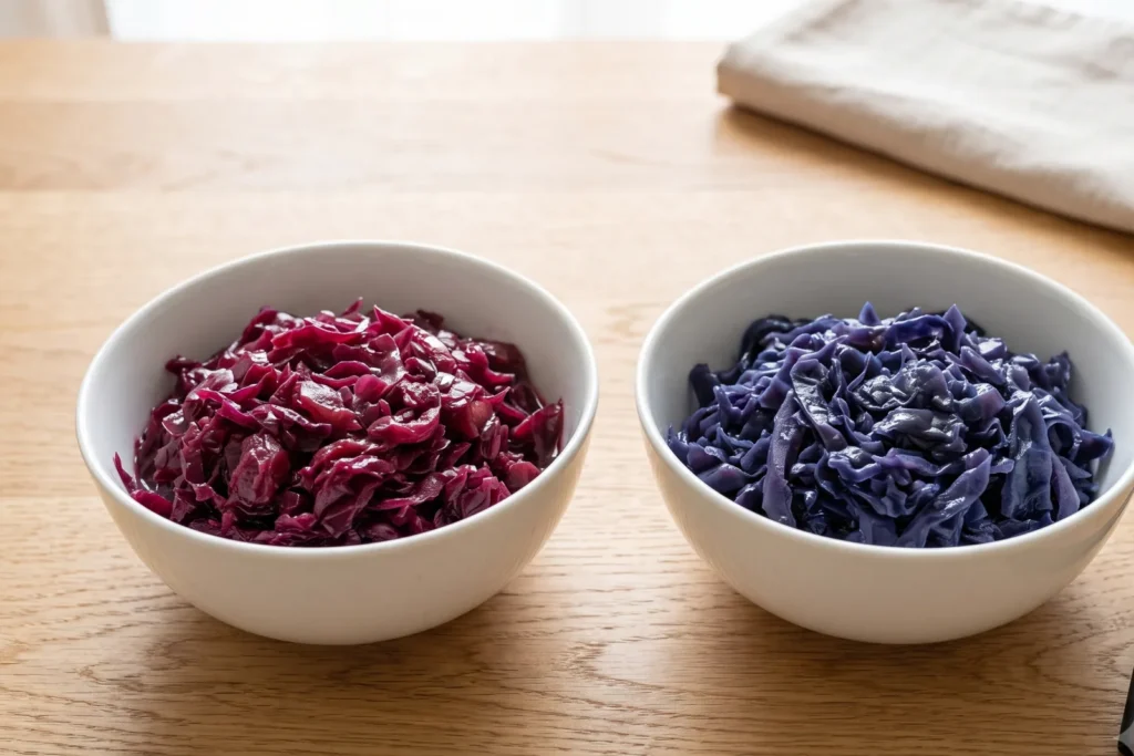 Zwei Portionen gegarter Rotkohl nebeneinander: links kräftig rot mit genug Säure, rechts blau-violett ohne genug Säure