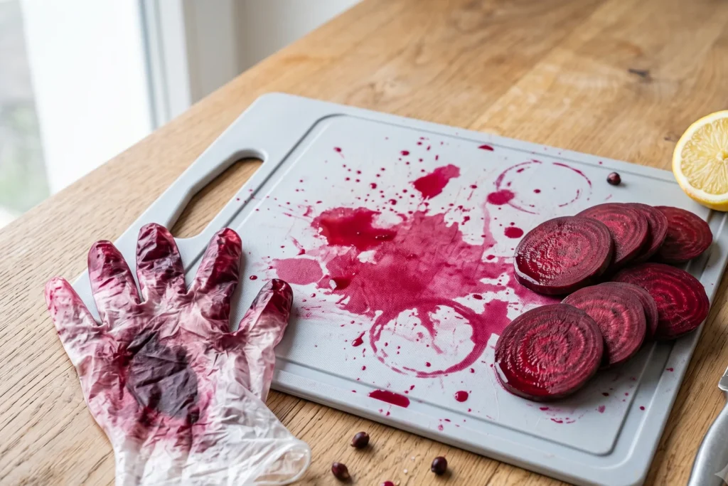 Ein rot verfärbter Einmalhandschuh und ein rot eingefärbtes helles Schneidebrett neben geschnittener Rote Bete und einer halben Zitrone