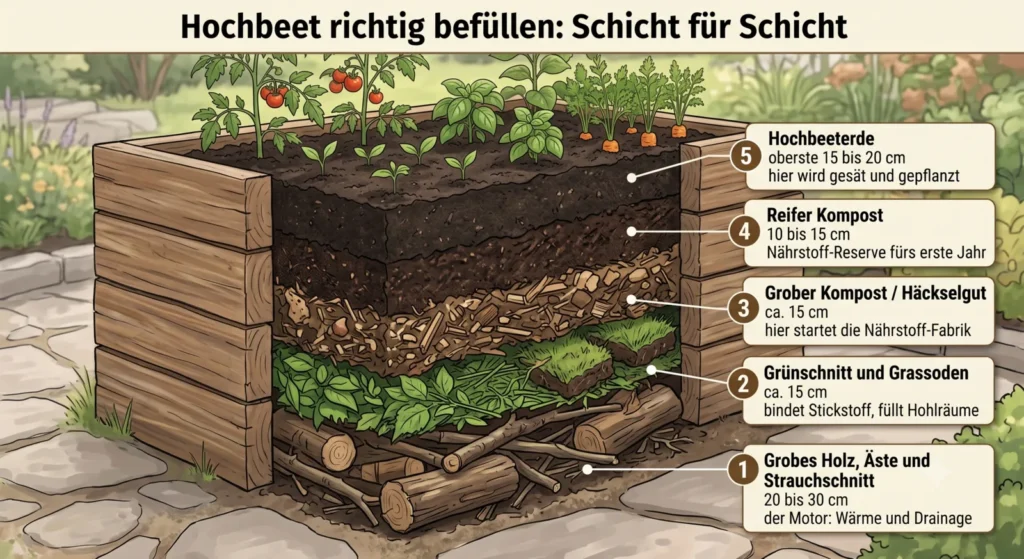 Illustrierter Querschnitt eines Hochbeets mit seinen Füllschichten von unten nach oben: grobe Äste und Holz, eine Wurzel-/Erdschicht, Grünschnitt, dunkler Kompost und oben Hochbeeterde mit jungen Gemüsepflänzchen und ein paar Tontöpfen