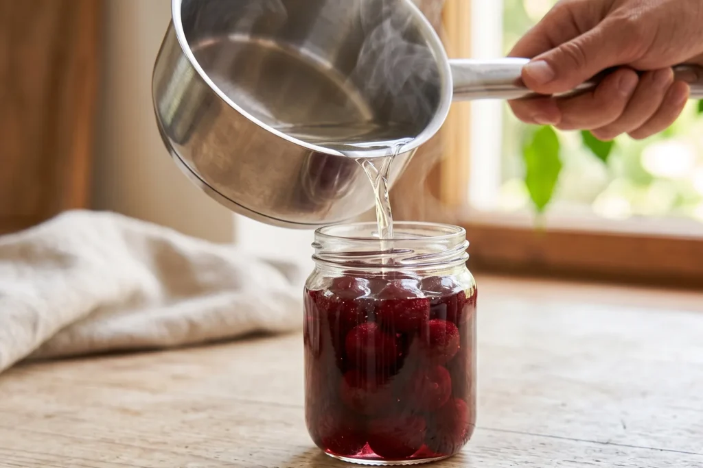 Heißer Zuckersirup wird über dicht ins Glas geschichtete Kirschen gegossen, Dampf steigt auf