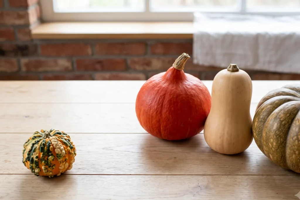 Sichere Speisekürbisse Hokkaido, Butternut und Muskat nebeneinander, daneben ein bunter Zierkürbis, der abgetrennt liegt
