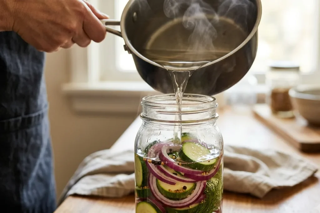 Kochend heißer Essigsud wird über dicht ins Glas geschichtete Zucchinischeiben gegossen, Dampf steigt auf