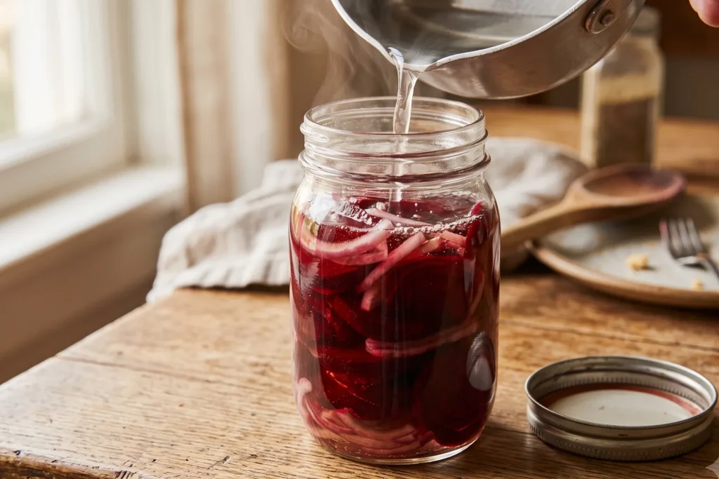 Kochend heißer Essigsud wird über dicht ins Glas geschichtete Rote-Bete-Scheiben gegossen, Dampf steigt auf