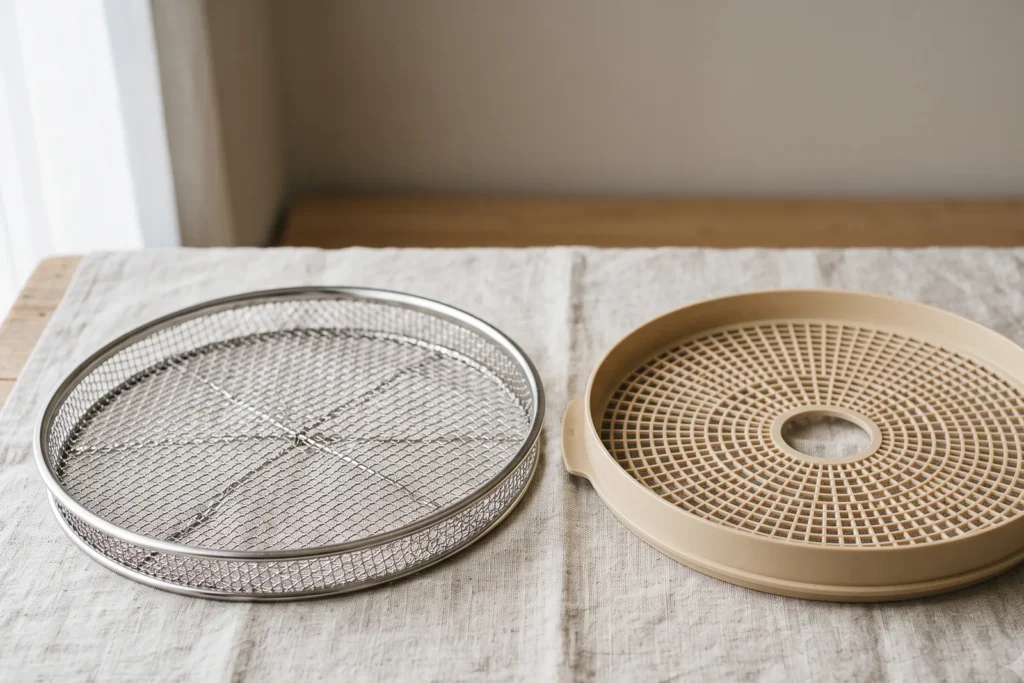 Zwei Dörr-Tabletts nebeneinander: links ein Edelstahlgitter, rechts ein Kunststoffgitter
