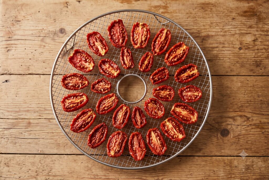 Halbierte Tomaten mit der Schnittfläche nach oben auf einem Dörrgitter